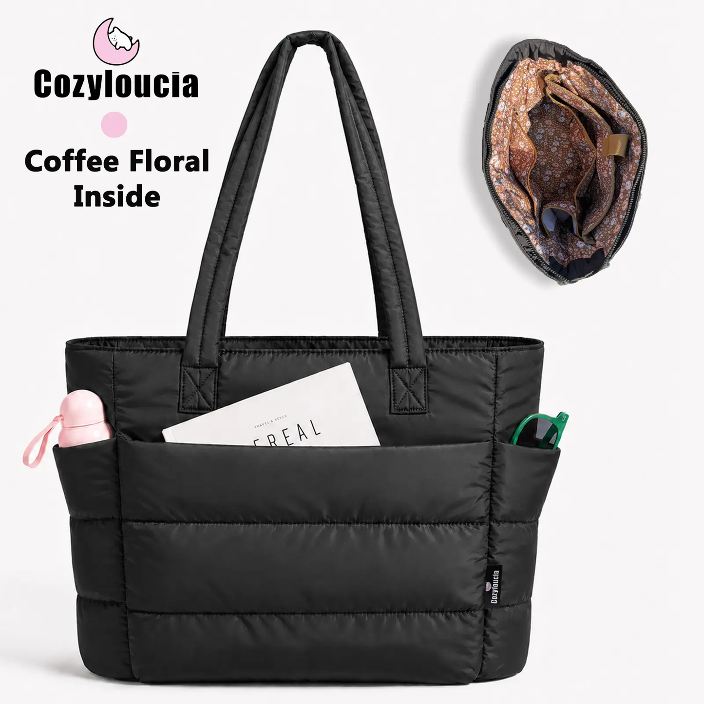 Women's Puffer Tote Bag in Pink Floral Print